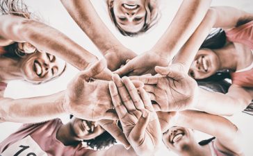 Charity runners cheering each other on.