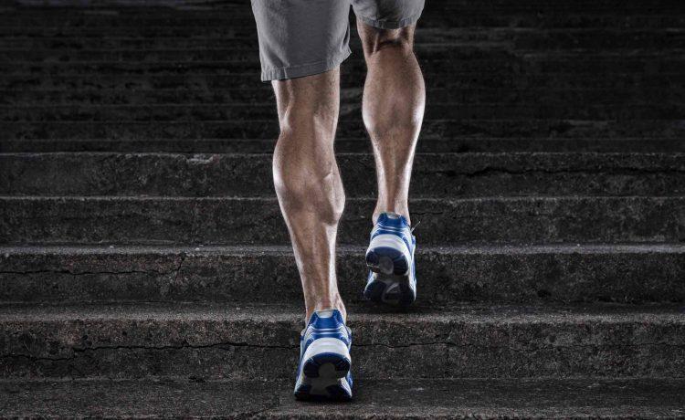 muscle legs running up stairs to showcase the article asking "can you build muscle from cardio"