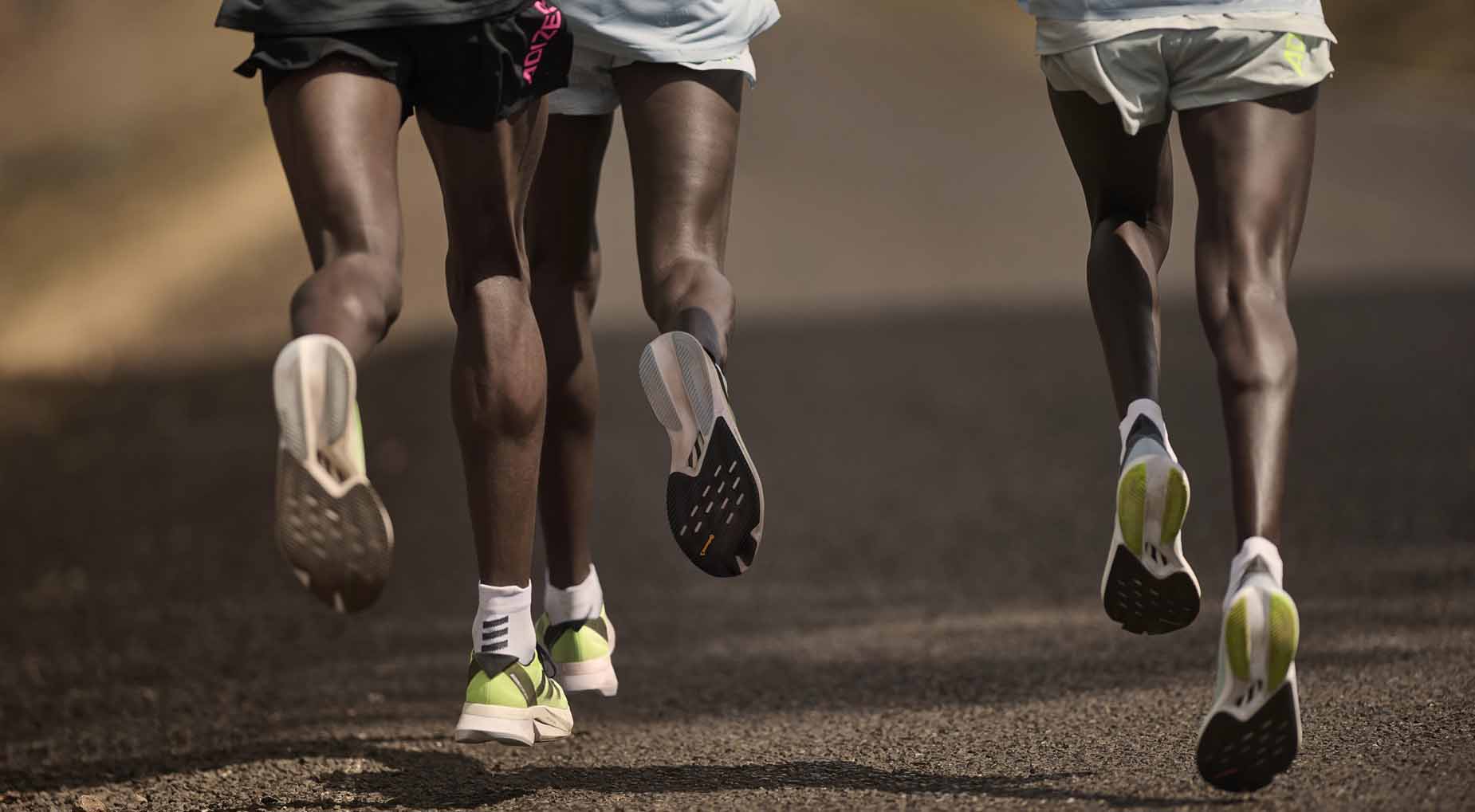 Runners wearing adizero boston 12 and adizero adios8 trainers made by adidas